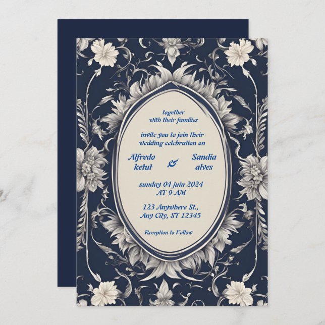 Invitation Mariage floral d'ivoire élégant bleu marine et arg (Devant / Derrière)
