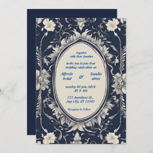 Invitation Mariage floral d'ivoire élégant bleu marine et arg