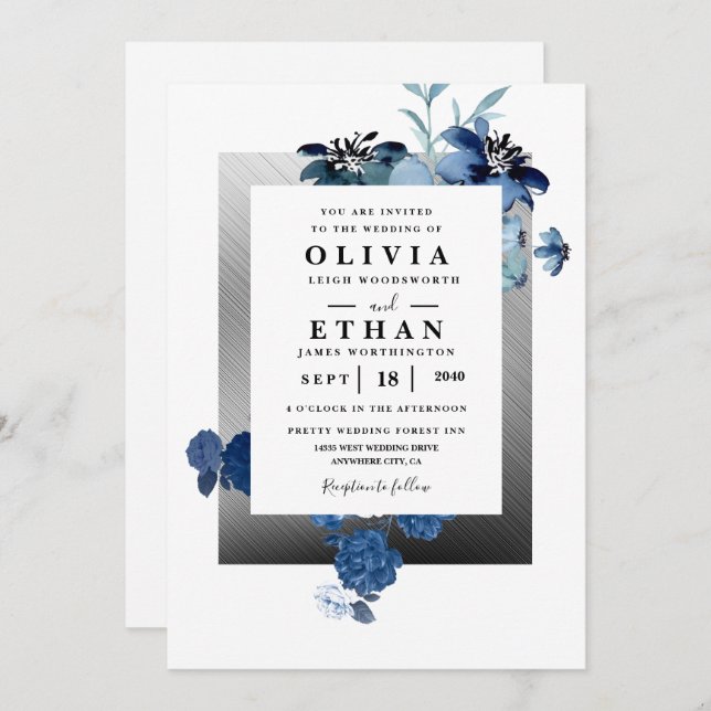 Invitation Mariage floral d'ivoire élégant bleu marine et arg (Devant / Derrière)