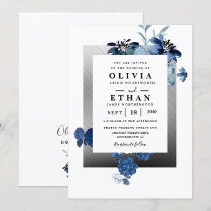 Invitation Mariage floral d'ivoire élégant bleu marine et arg