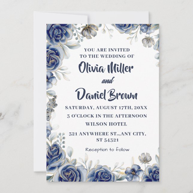 Invitation Mariage floral d'ivoire moderne bleu marine et arg (Devant)