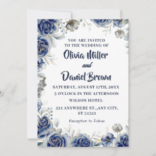 Invitation Mariage floral d'ivoire moderne bleu marine et arg