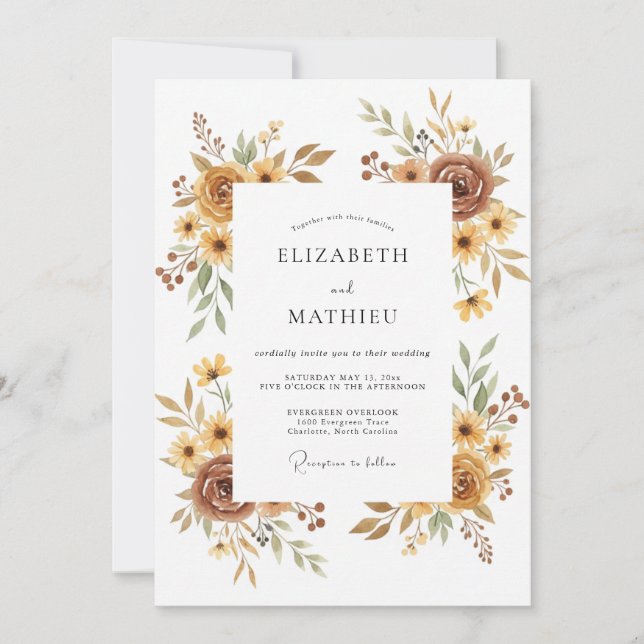 Invitation Mariage Floral Doré Atténué (Devant)