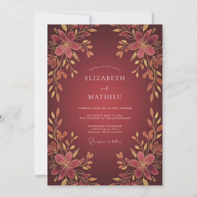 Invitation Mariage Floral Doré Bordeaux (Devant)