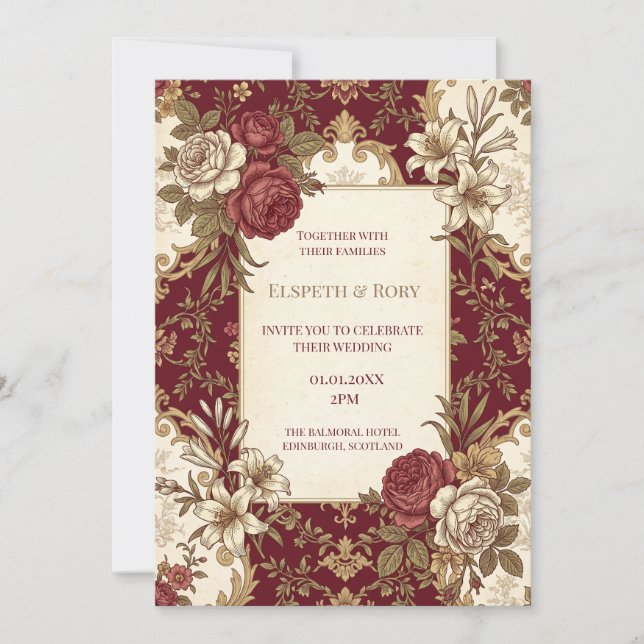 Invitation Mariage Floral Doré Bourgogne (Devant)