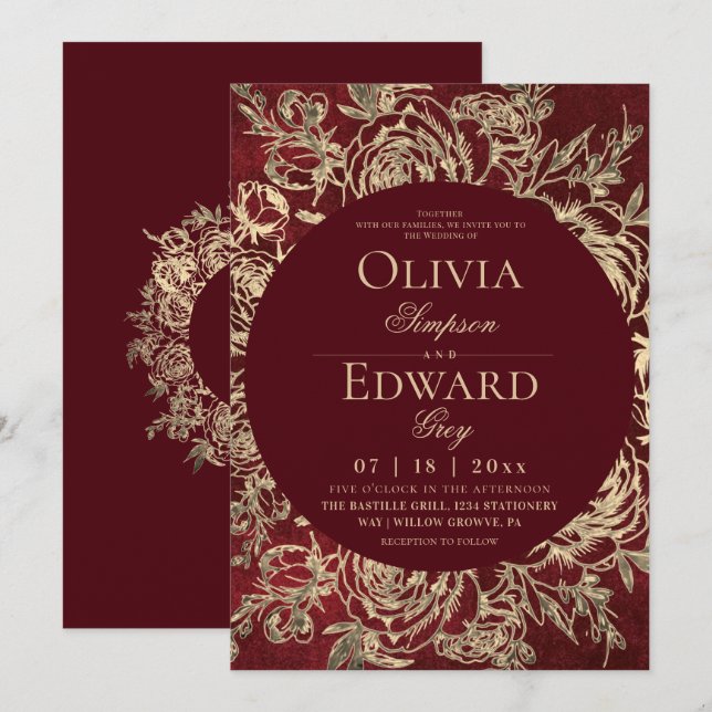 Invitation Mariage Floral Doré Bourguignon Divin  (Devant / Derrière)