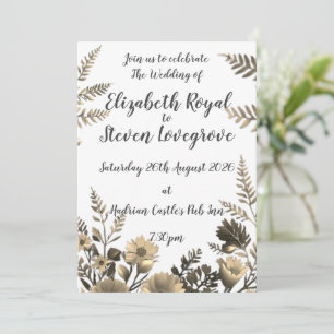 Invitation Mariage Floral Doré Clair et Simple Blanc