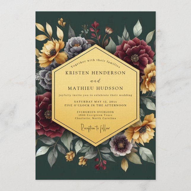 Invitation Mariage Floral Doré Émeraude (Devant)