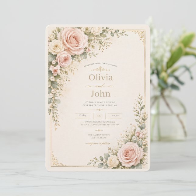 Invitation Mariage Floral Doré et Sauge Rose Pâle (Debout devant)