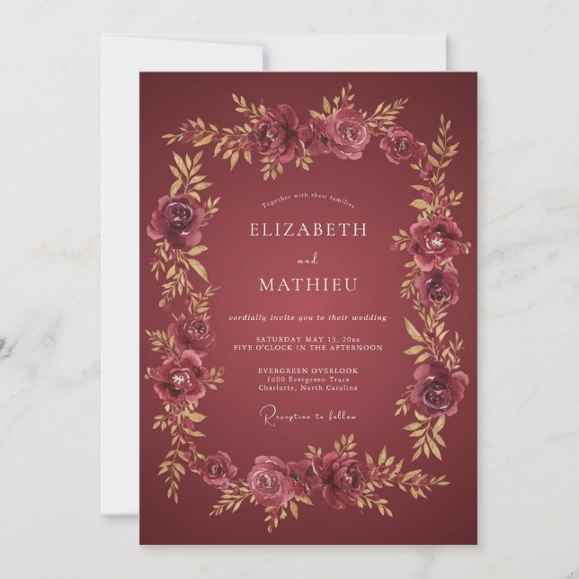 Invitation Mariage Floral Doré Marron Profond (Devant)