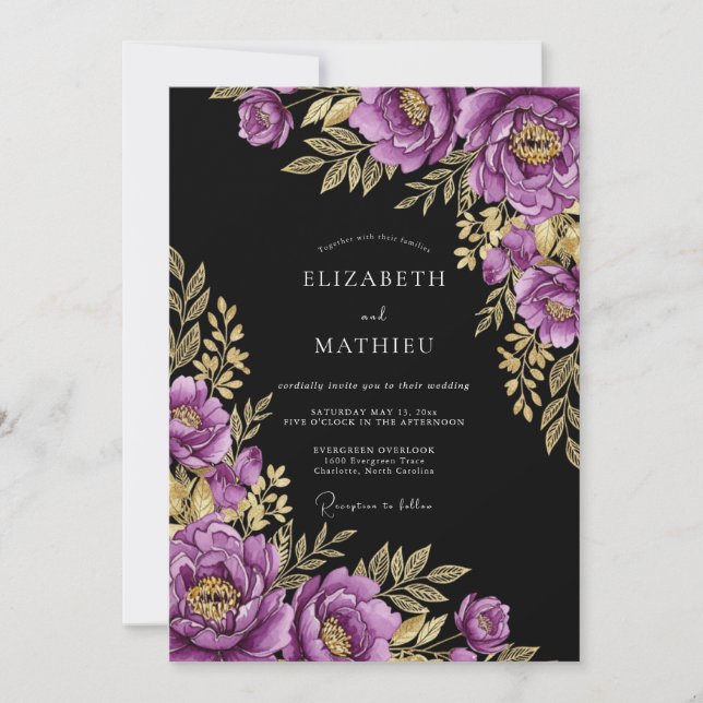 Invitation Mariage Floral Doré Pourpre Romance (Devant)