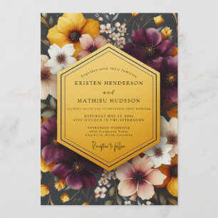 Invitation Mariage Floral Doré Prune