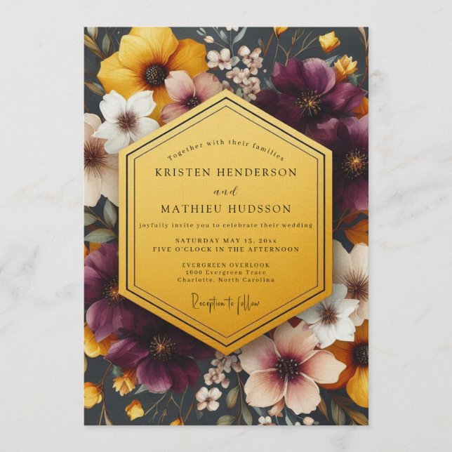 Invitation Mariage Floral Doré Prune (Devant)