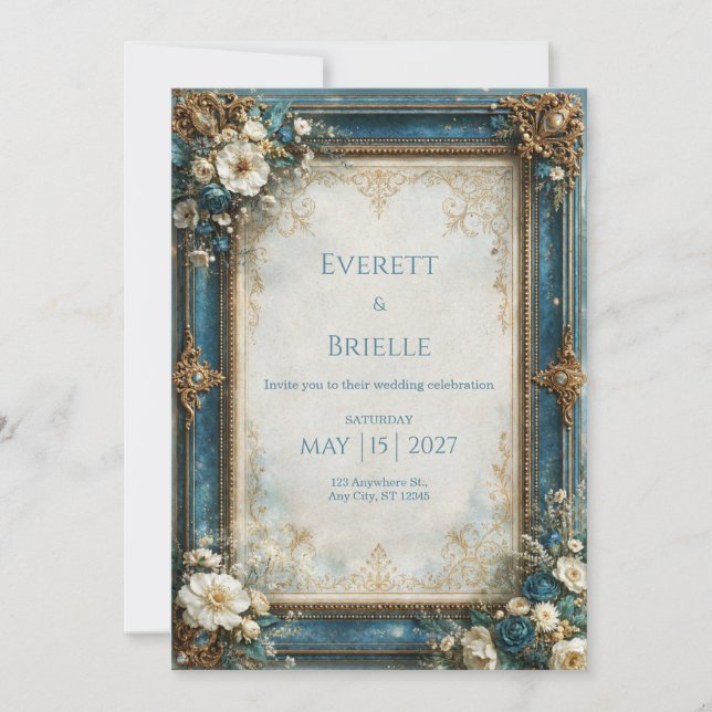 Invitation Mariage Floral Doré Sarcelle (Devant)
