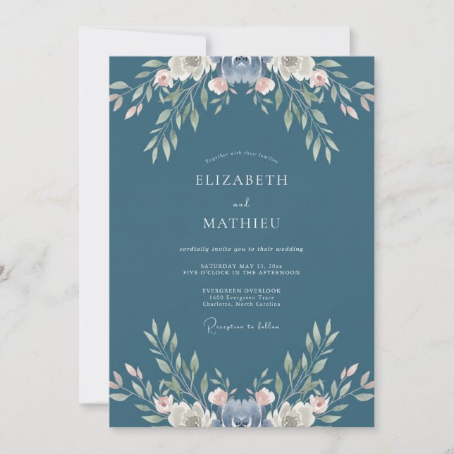 Invitation Mariage Floral Douce Bleu Ardoise (Devant)