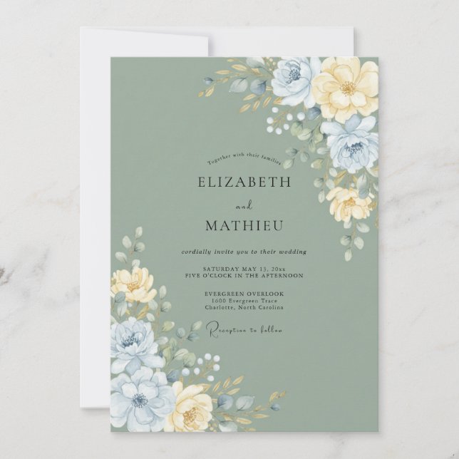 Invitation Mariage Floral Douce Jaune Sauge (Devant)