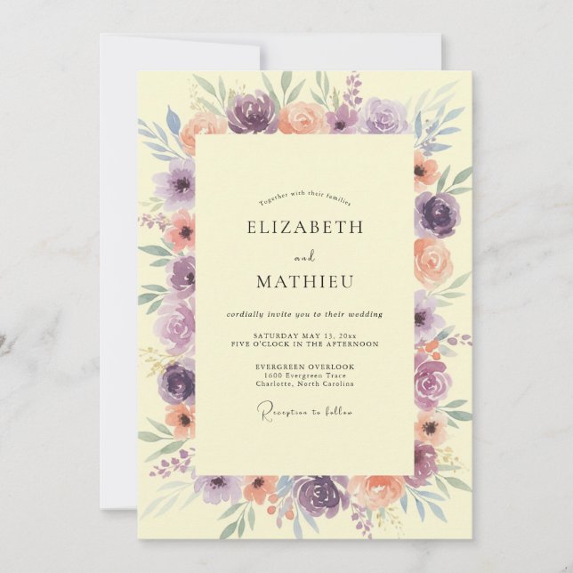 Invitation Mariage Floral Douce Lavande Pêche (Devant)