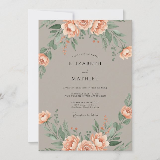 Invitation Mariage Floral Douce Pêche (Devant)