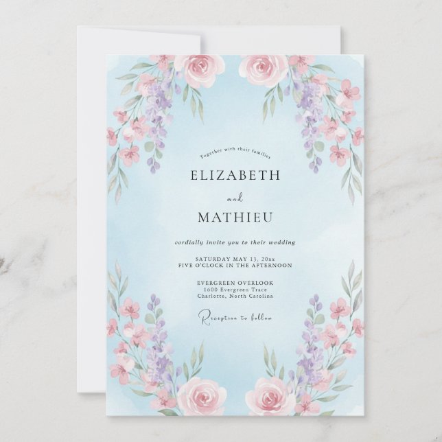 Invitation Mariage Floral Douce Pervenche (Devant)