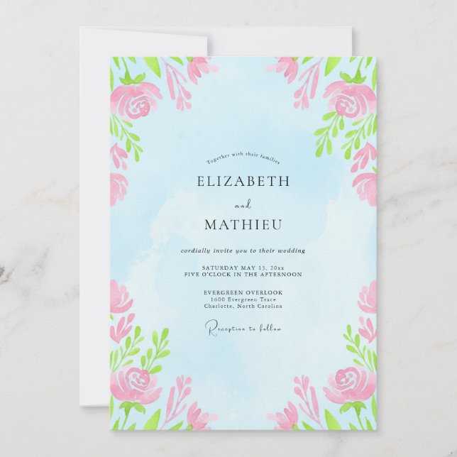 Invitation Mariage Floral Douceur Bleu Ciel (Devant)