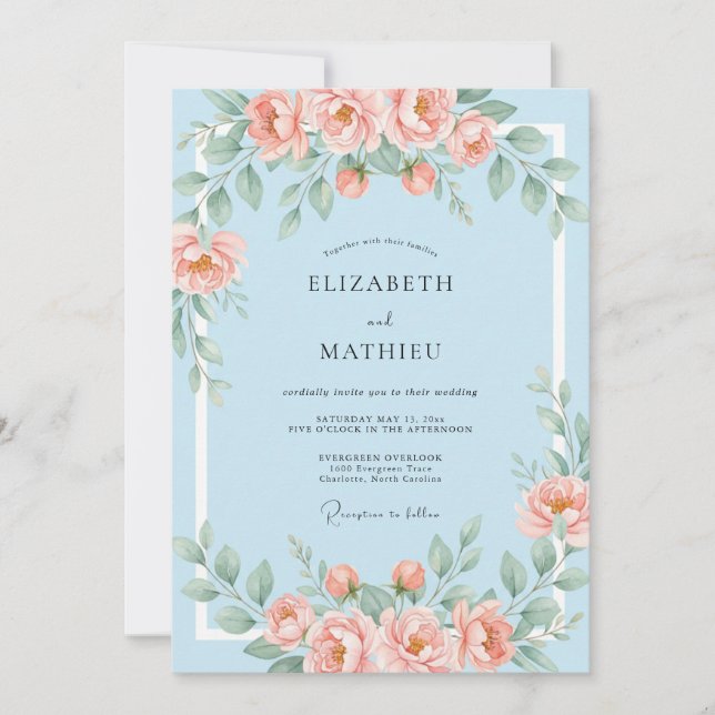 Invitation Mariage Floral Douceur Bleu Corail (Devant)