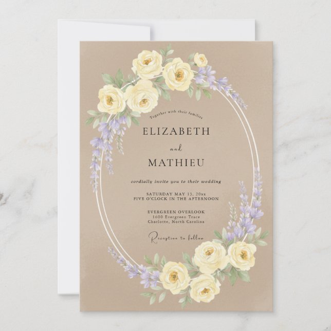 Invitation Mariage Floral Doux Crème Lavande (Devant)