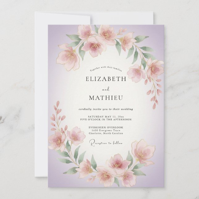 Invitation Mariage Floral Doux Lavande (Devant)