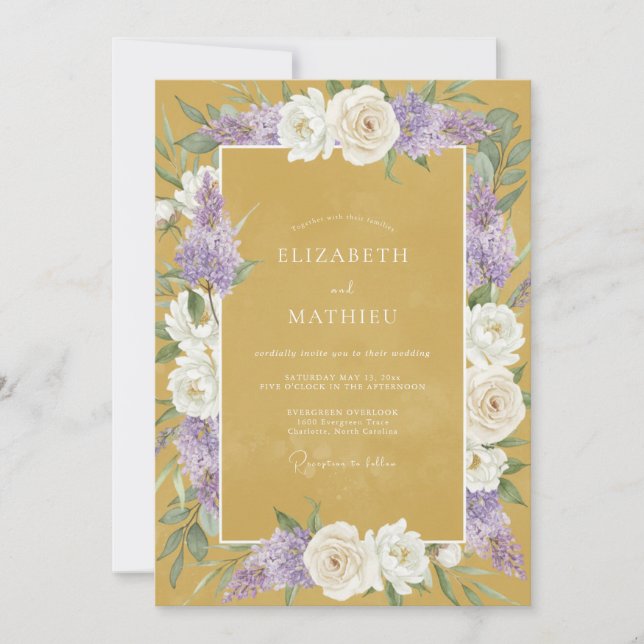 Invitation Mariage Floral Doux Or Pourpre (Devant)