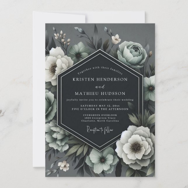 Invitation Mariage Floral Dramatique au Charbon (Devant)