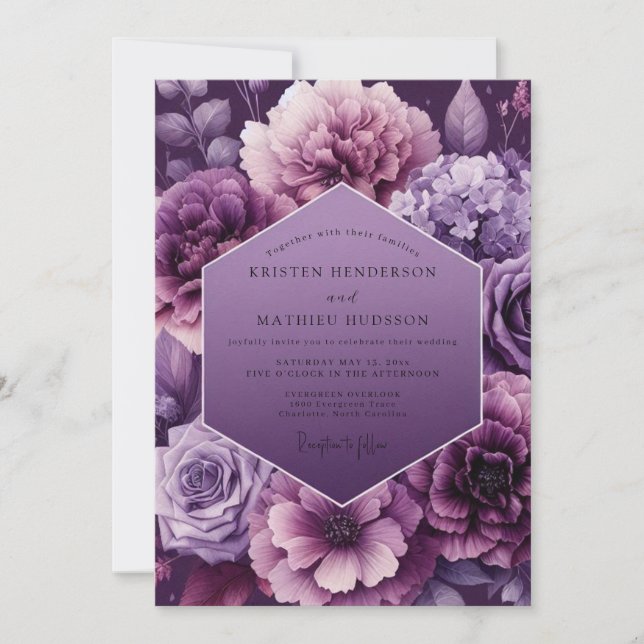 Invitation Mariage Floral Dramatique aux Prunes (Devant)