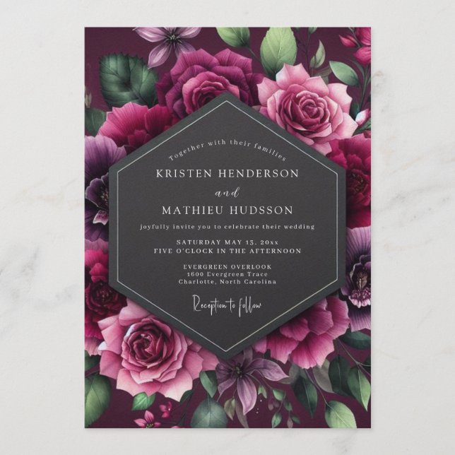 Invitation Mariage Floral Dramatique aux Prunes (Devant)