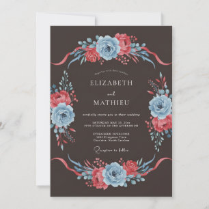 Invitation Mariage Floral Dramatique Bleu Ardoise