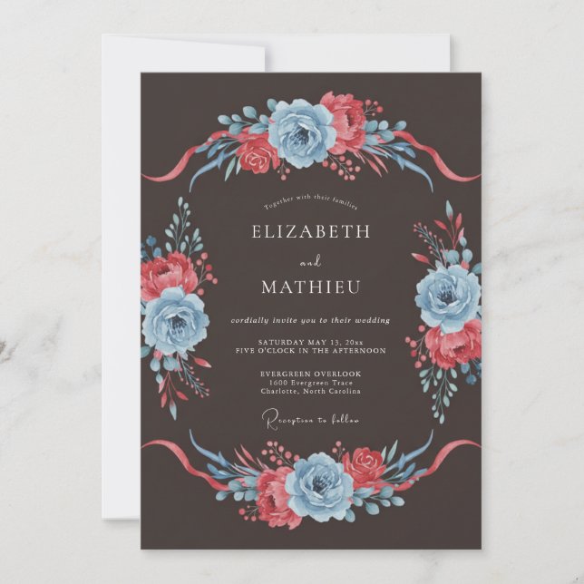 Invitation Mariage Floral Dramatique Bleu Ardoise (Devant)