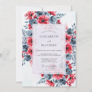 Invitation Mariage Floral Dramatique Bleu Ardoise Rouge