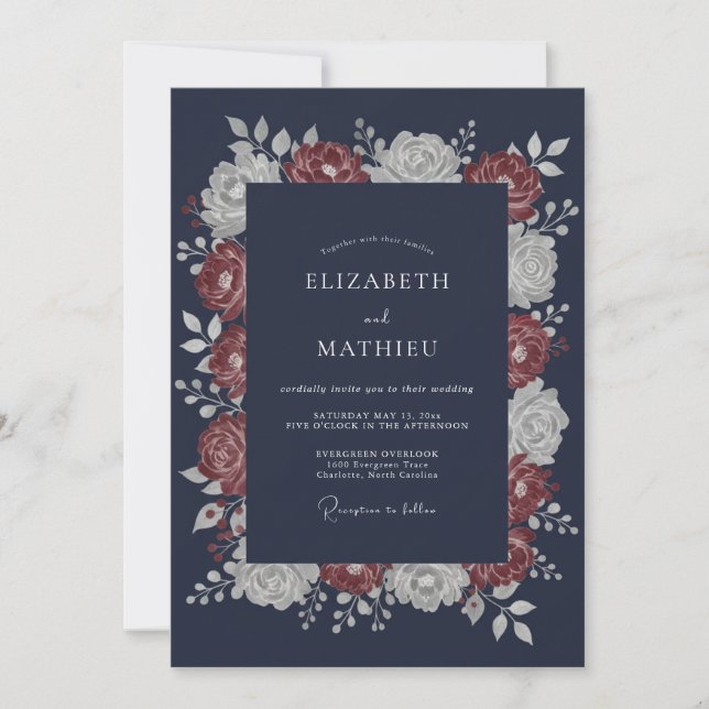 Invitation Mariage Floral Dramatique Bleu Nuit (Devant)