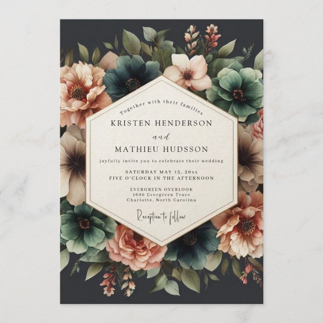 Invitation Mariage Floral Dramatique de Teal et Corail (Devant)