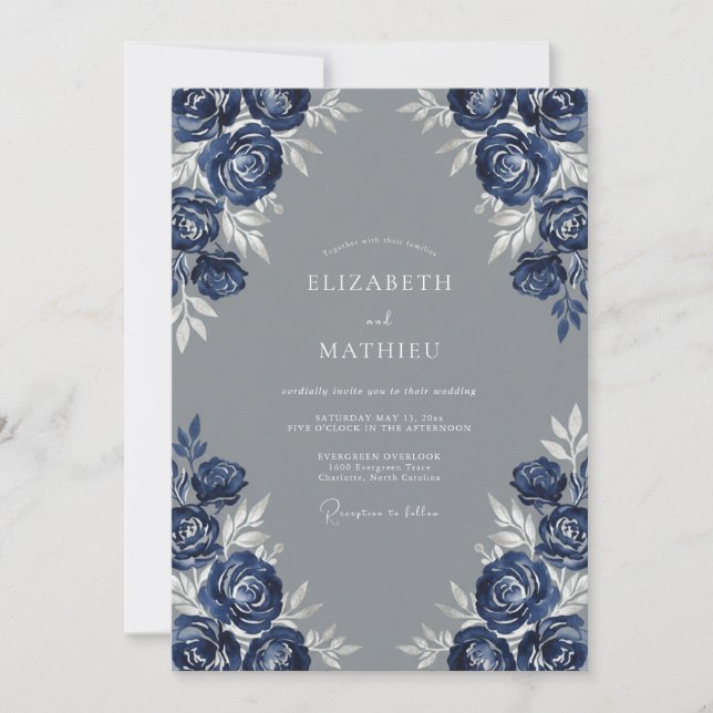 Invitation Mariage Floral Dramatique Indigo (Devant)