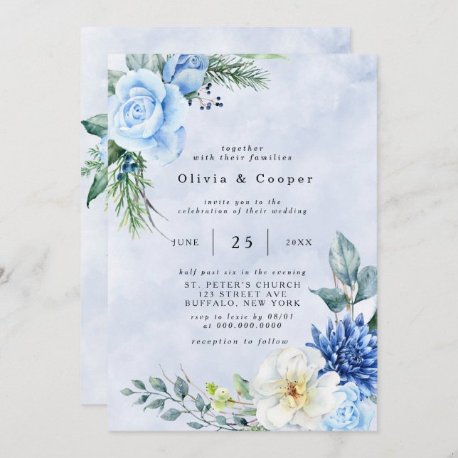 Invitation Mariage floral Dusty Blue Navy (Devant / Derrière)