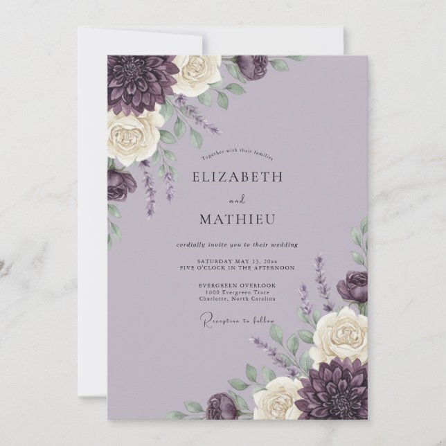 Invitation Mariage Floral Éblouissant Lavande (Devant)