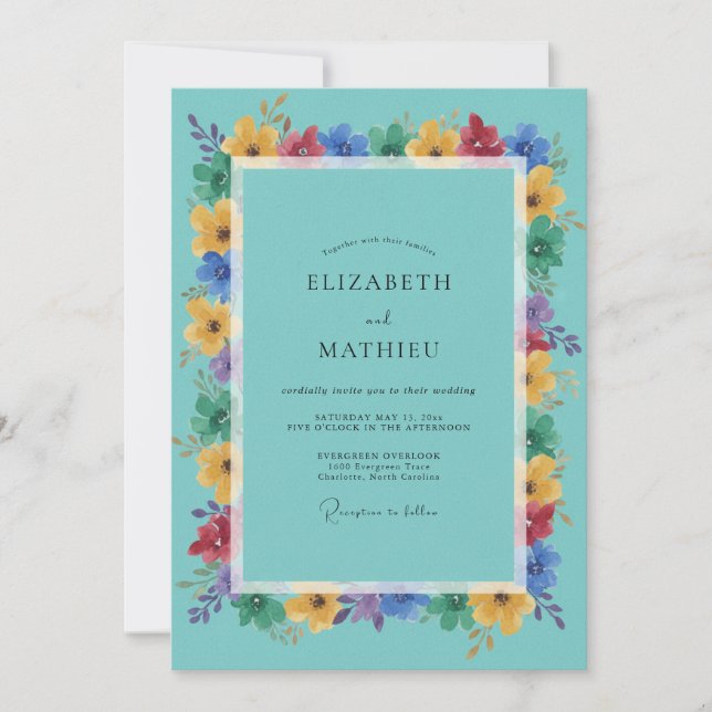Invitation Mariage Floral Éclatant de Teal (Devant)