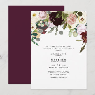 Invitation Mariage Floral Élégance Rose Poussiéreux & Bourgog