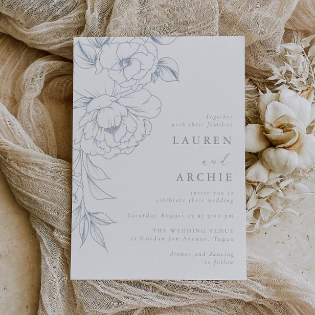 Invitation Mariage Floral Élégant à la Ligne Bleue (Créateur téléchargé)