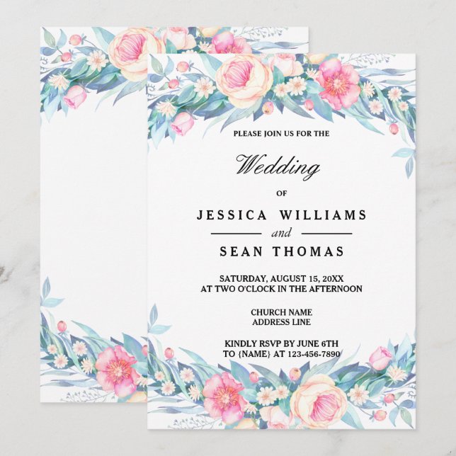 Invitation Mariage Floral Élégant à l'Aquarelle (Devant / Derrière)