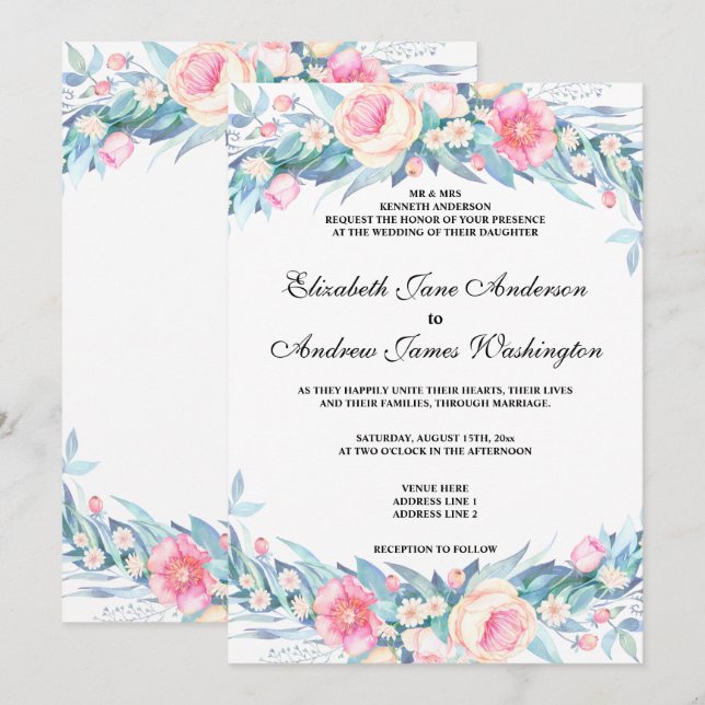 Invitation Mariage Floral Élégant à l'Aquarelle (Devant / Derrière)