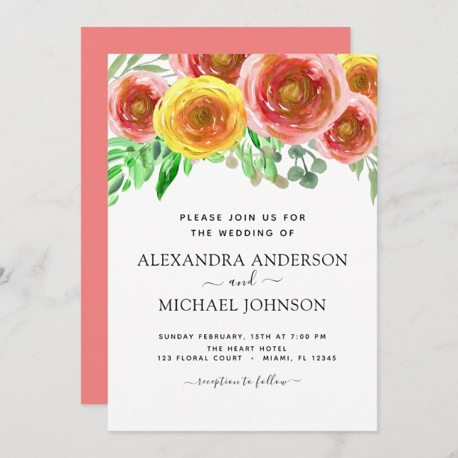 Invitation Mariage Floral Elégant Aquarelle Moderne (Devant / Derrière)