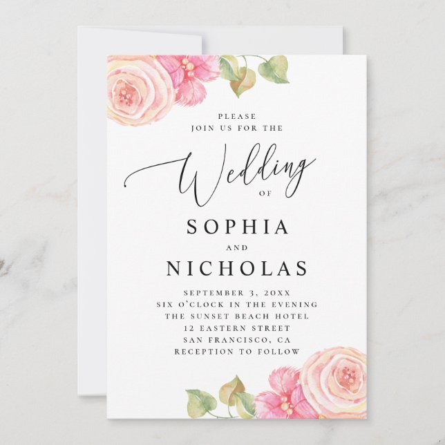 Invitation Mariage floral élégant aquarelle rose blush (Devant)