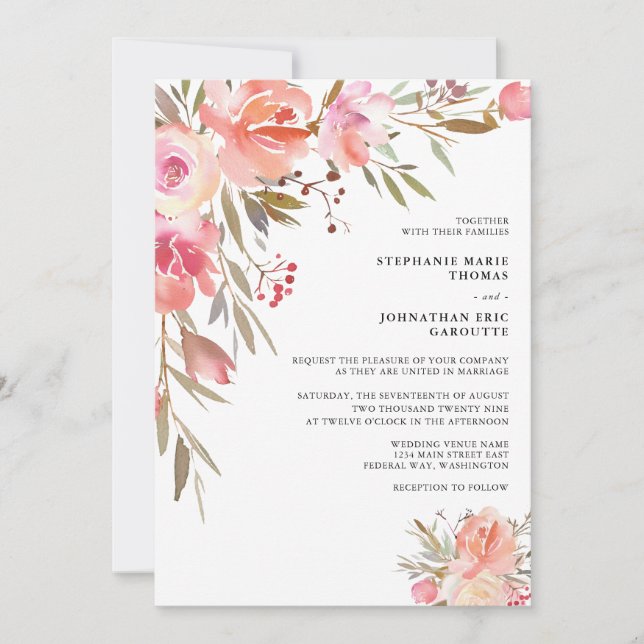 Invitation Mariage Floral Élégant Aquarelle Rose Pêche (Devant)