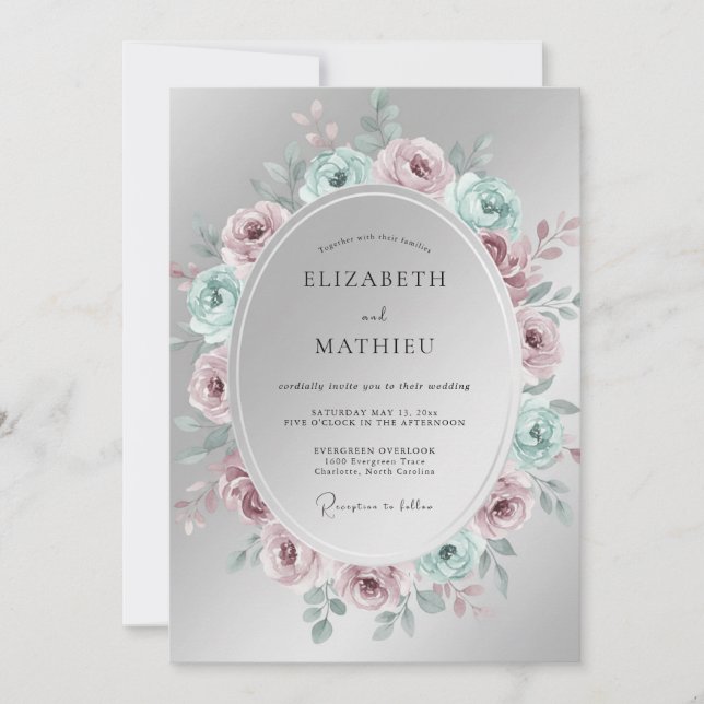 Invitation Mariage Floral Élégant Argenté (Devant)