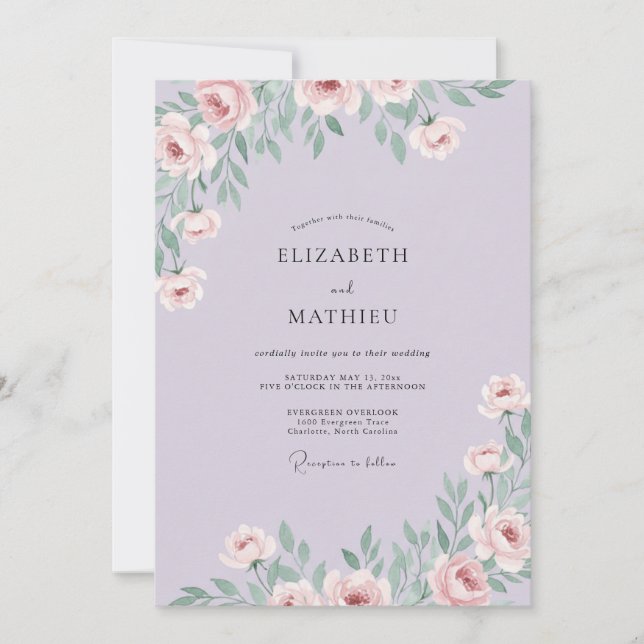 Invitation Mariage Floral Élégant au Lavande (Devant)