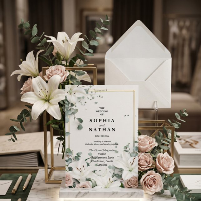 Invitation Mariage Floral Élégant au Lys Blanc et à l'Eucalyp (Créateur téléchargé)